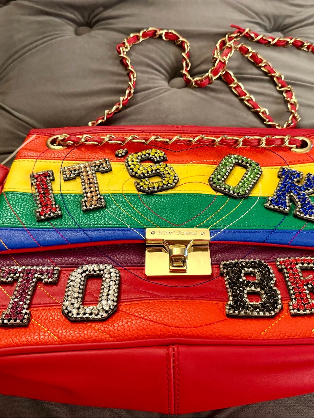 Betsey Johnson Rainbow Stripe Red Leather Shoulder Bag with Crystal Lettering